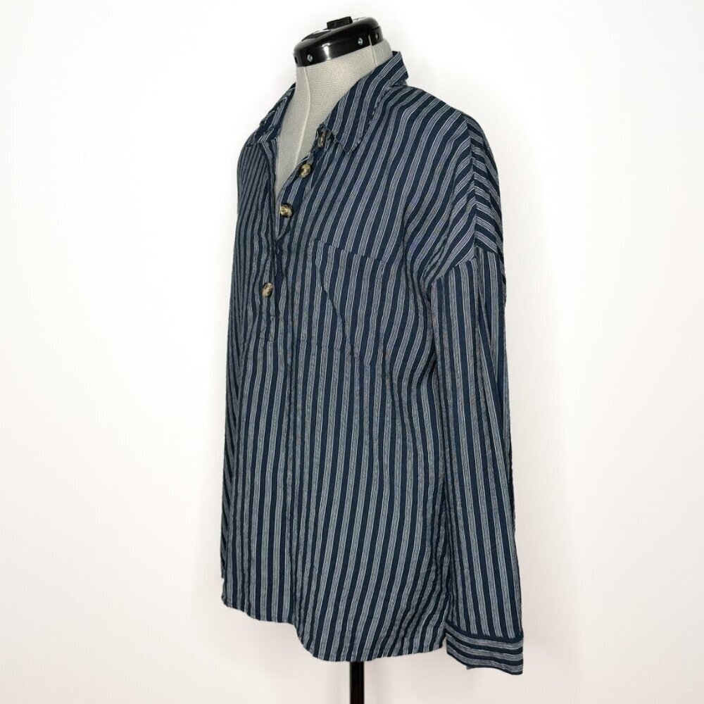 Time and Tru Nvy Blue Vertical Striped Oversized Henley Blouse - Size Large - Picture 2 of 7